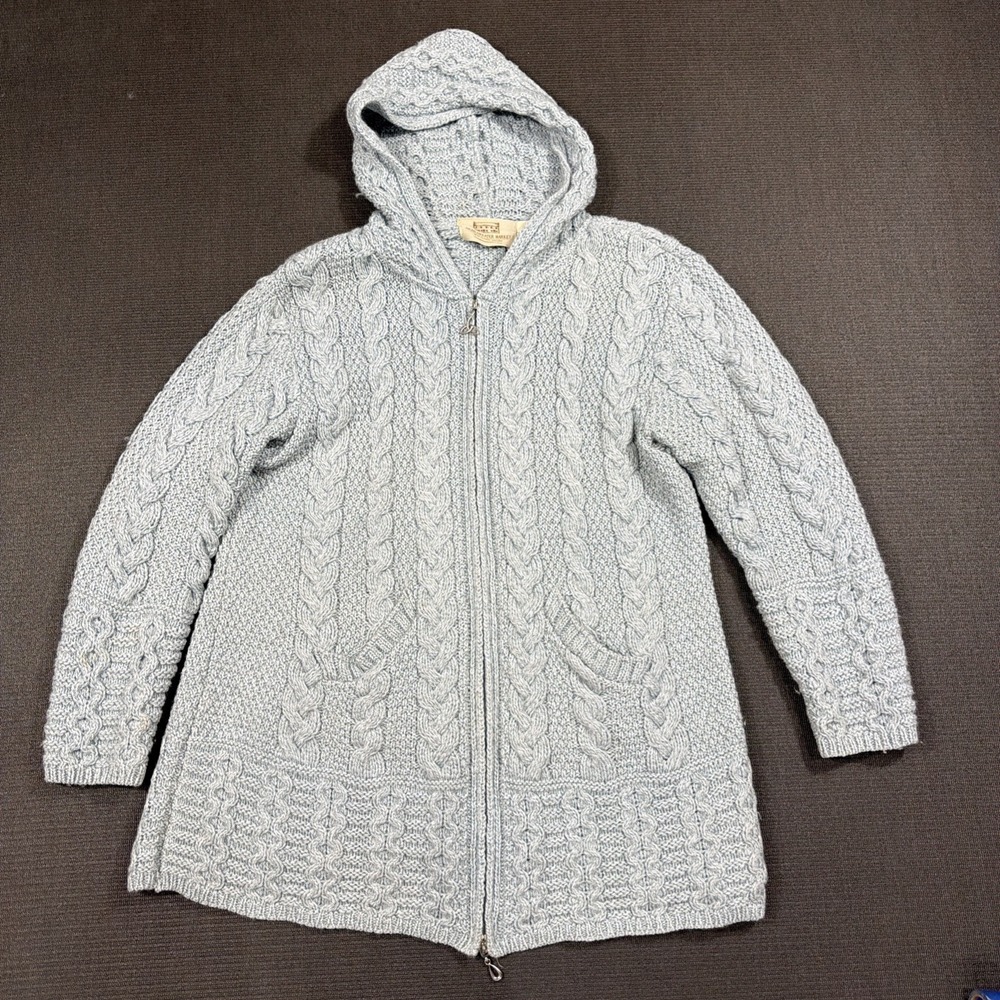 Aran Crafts 100% Merino Wool Cable Knit Cardigan Sweater Womens Large Blue Zip